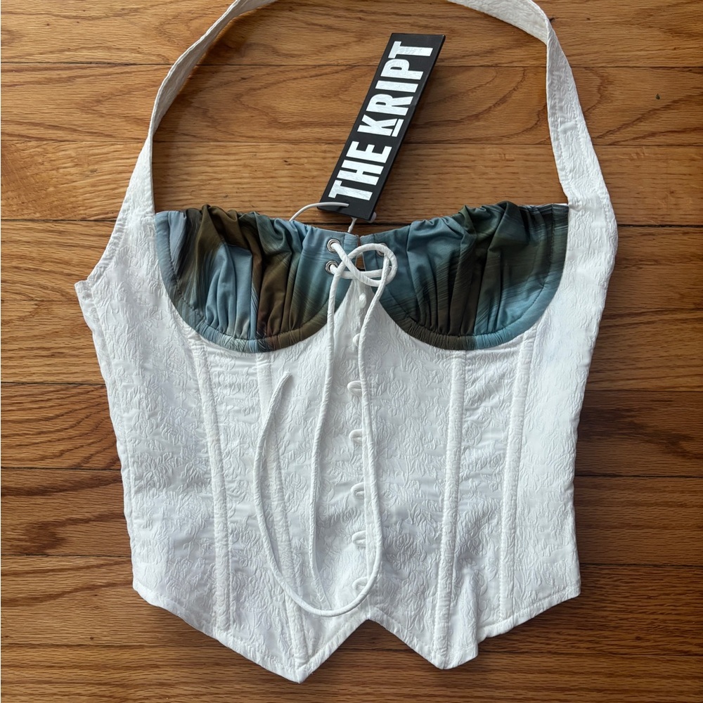 The Kript Seraph Halterneck Corset Top W/ Marble Print Cups in White NWT XS